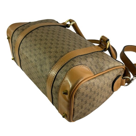 70's GUCCI Beige Canvas Tan Leather Micro GG Monogram Satchel Made in Italy - Picture 4 of 15